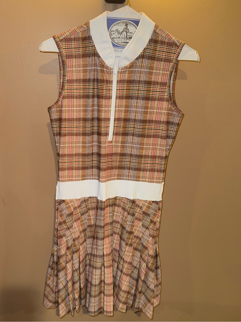 Sleeveless Plaid Midi Dress with White Trim - Brown/Pink